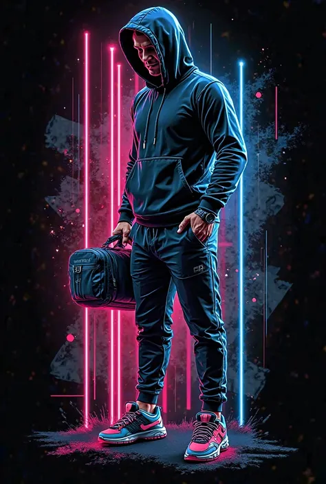 "A sleek, ultra-modern illustration of a fit, athletic figure wearing a hoodie and joggers, holding a gym bag or water bottle. The figure is surrounded by glowing neon lines and abstract geometric shapes, symbolizing energy and movement. The design has sha...