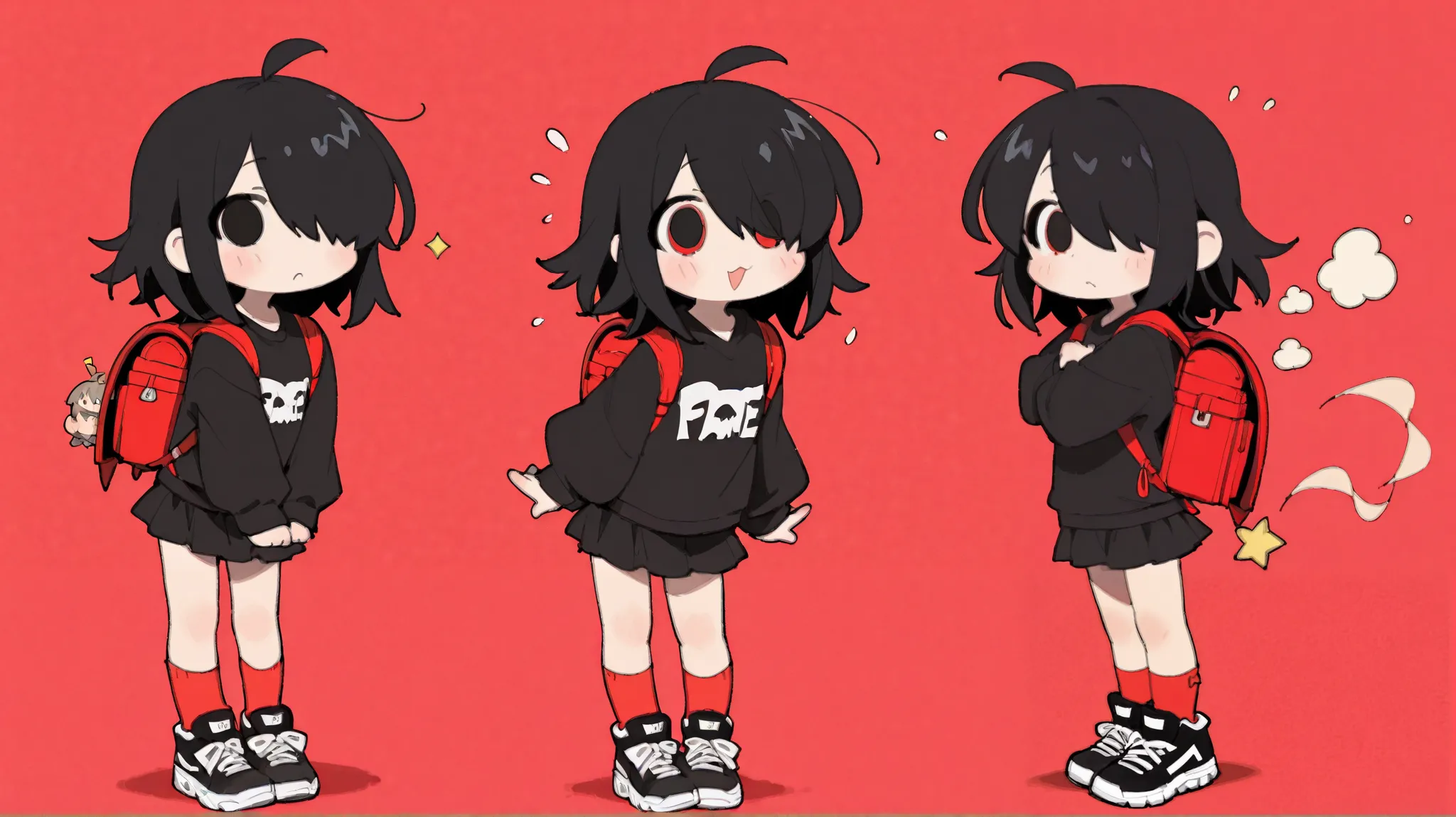 1 girl、 full body standing picture 、 black hair 、shortcuts、hair over one eye、Eyes are red and perfect、Black Puff Sweatshirt、Black Mini Skirt、 red socks、 black sneakers、red backpack。deformed、 little character、There are many、pose feels natural、cute、