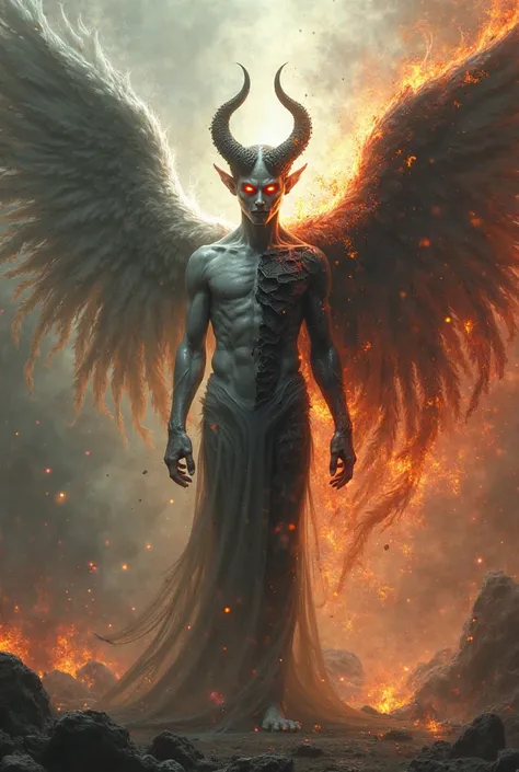 make a character with half devil and half angel wings and also with devil horn and hollow angel