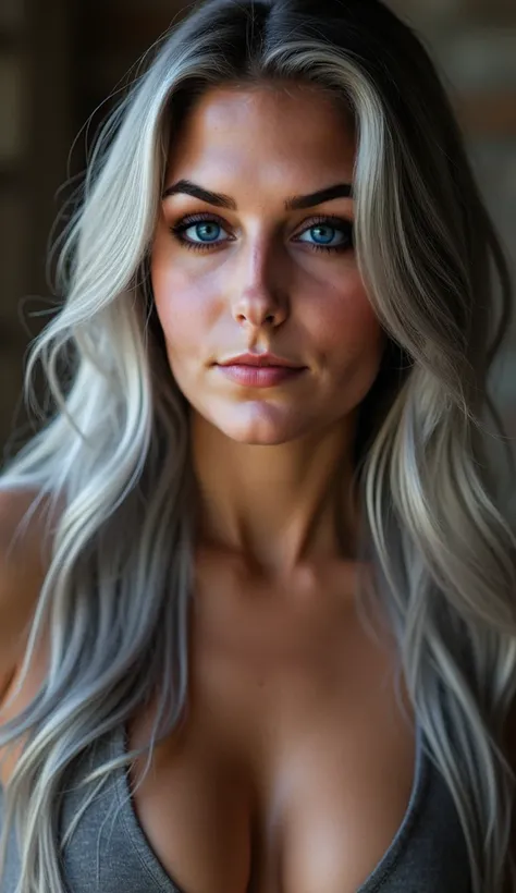 Realistic Photo [a woman], [40 years old], [“Gardenia“], [blue eyes], [long, straight, gray hair], [beautiful, curvy body], She is natural, She is natural and ultra realistic,  she is looking to the side, with a sexy look