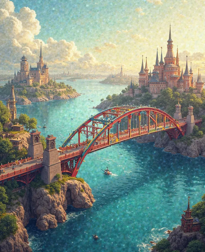 Visualize a multi-colored bridge connecting two distant shores, each adorned with landmarks from different countries. The day is sunny and the light is soft