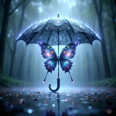 a butterfly, Rain, umbrella  pattern in the center with a dark and bright blue and purple color and ., 3D

