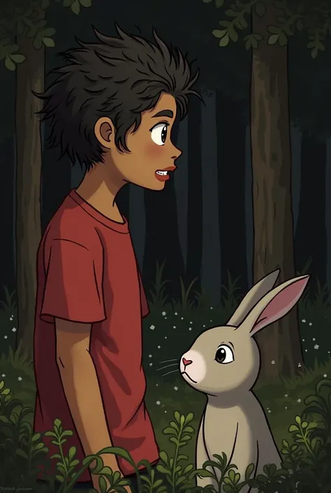 ### **4. Sean : Lost in the forest**  
** halaya :**  
Ali's hair is tangled, the  in the red shirt, fear in the eyes. The gulo rabbit has a white nose that smells the earth, the ears listen to the sounds of the wind. Dark trees in the background.  
**Prom...