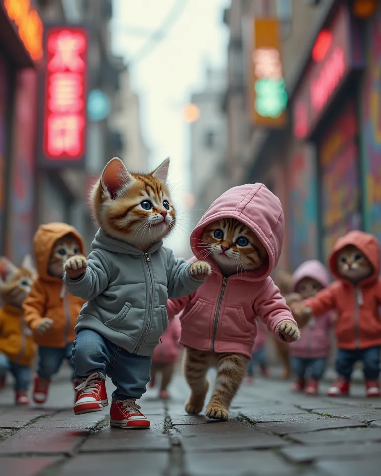 A group of adorable kittens wearing tiny hoodies and sneakers are having a hip-hop dance battle in a city alley decorated with graffiti. One kitten is mid-spin, another is doing a headstand, and the rest are cheering. The background has neon signs, making ...