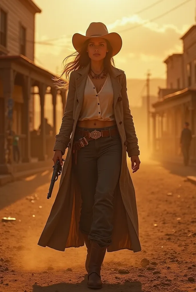 Certainly! Here’s an enhanced version of your story with Giorgia Meloni as a cowgirl gunslinger:

The golden light of the setting sun bathed the old Western town in a fiery hue, casting long, dramatic shadows across the dusty streets. The wind kicked up, s...