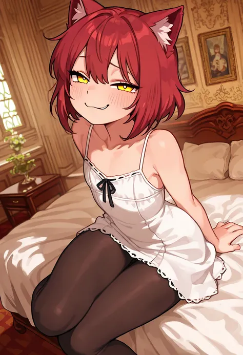 (  illustration ), ( Masterpiece :1.2), (best quality:1.2), 1guy One, seen by the viewer, BREAK valbun, qitten  ,  animal ears , cat ears, (mykote ),red hair,  short hair,  yellow eyes,  flat chest, ,  , smug smile,  cunning face ,  white dress,  tights , ...