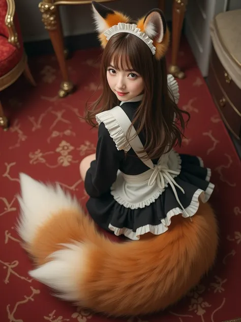 (( top quality made of straw , 8k)), ((Girl with straight brown hair)), (( Photorealistic)), ( masterpiece), Perfect Face Observed from the Ceiling , ((Woman with fox ears )), ((That woman has a fox tail )), foxgirl, (Her tail is big  ), ( That beautiful w...