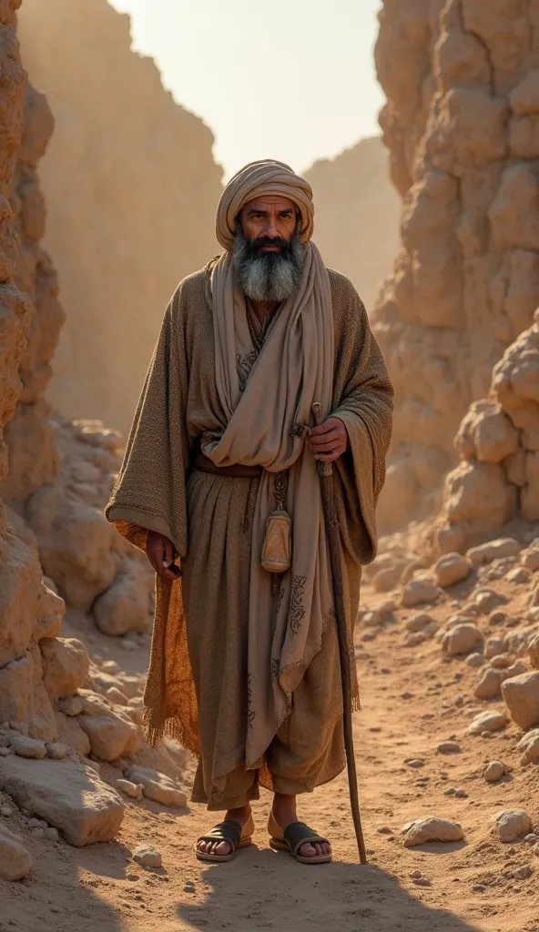 Make me a scene of an ancient Arab wearing a brown knitted robe wearing no headgear carrying a stick with a thin black beard walking on desert rocks in dim afternoon light.