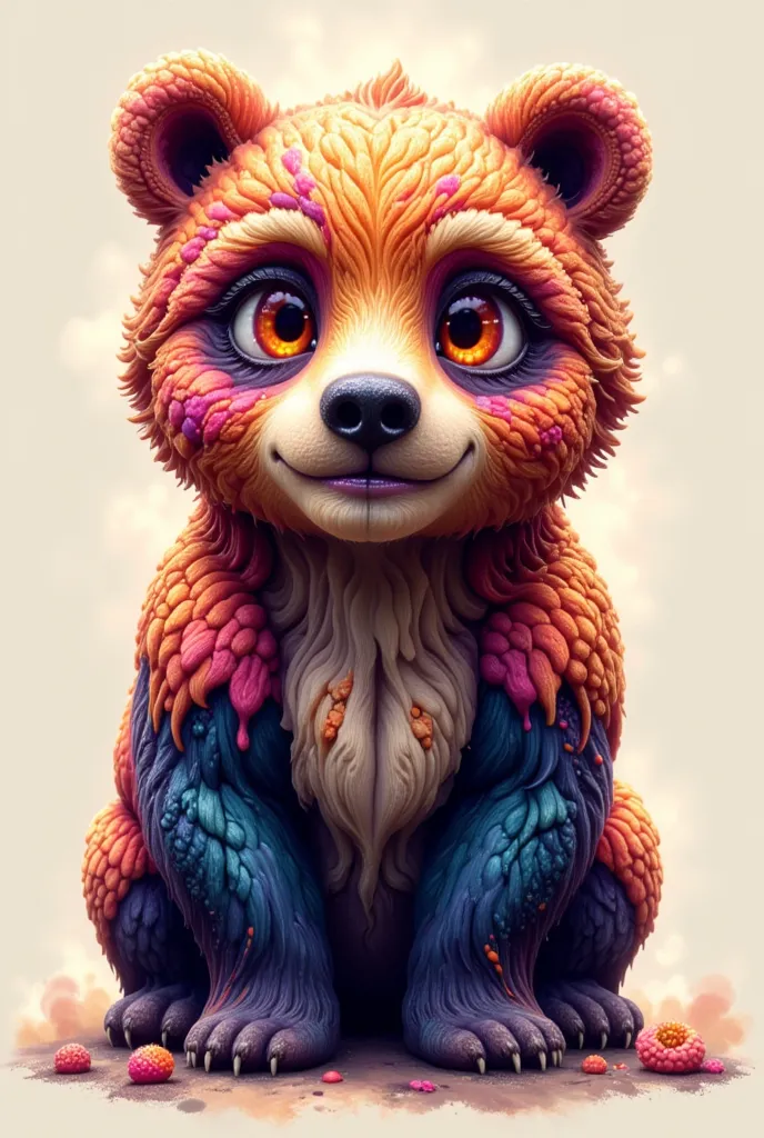  kind bear stands in full growth. Large expressive eyes. Bright, rich colors contrasting with the eyes. Symmetrical composition, drawn style expressed in details. Simple, but emotionally rich image. 