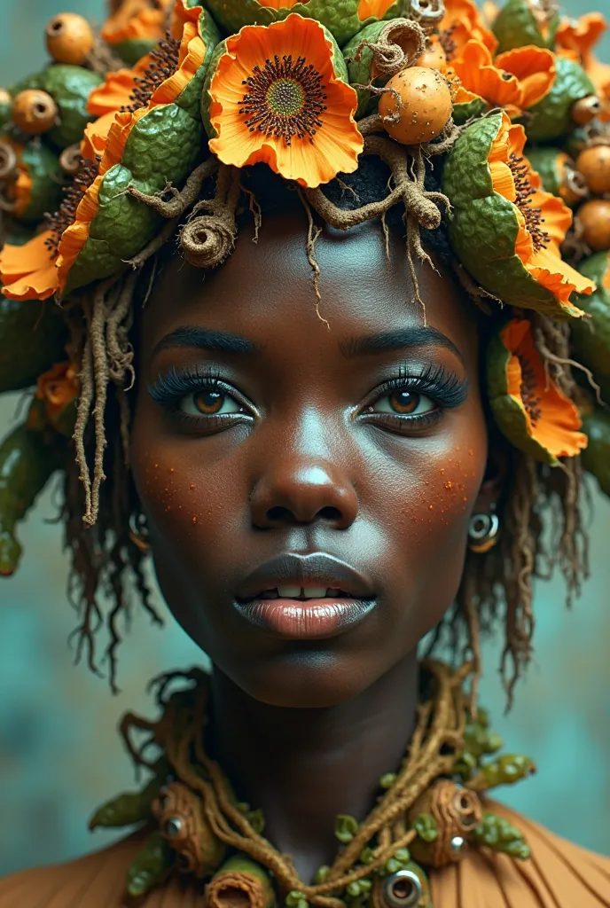 a close-up of a woman with cassava on her head dressed as a crying papaya leaf, afrofuturism,