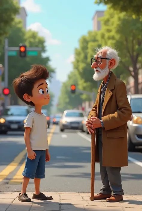 "The same Pixar-style boy, Hamza, with blue eyes, brown hair, a white t-shirt, and blue pants, notices an elderly man struggling to cross a busy road. The old man has a frail appearance, wearing a brown coat, glasses, and holding a wooden walking stick. Ca...