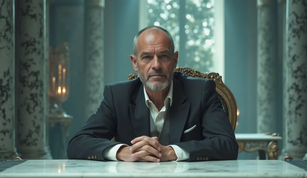 A slender, delicate man with years etched into his face sits at a long desk in a crystal room.