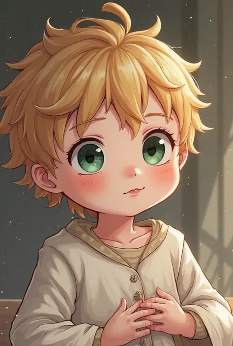 Create a baby boy with anime manga style who looks like a baby with slightly messy golden blonde hair and emerald green eyes and white skin and who is ultra mega super exaggeratedly adorable, cute, beautiful and Kawaii and wearing baby clothes and who is i...