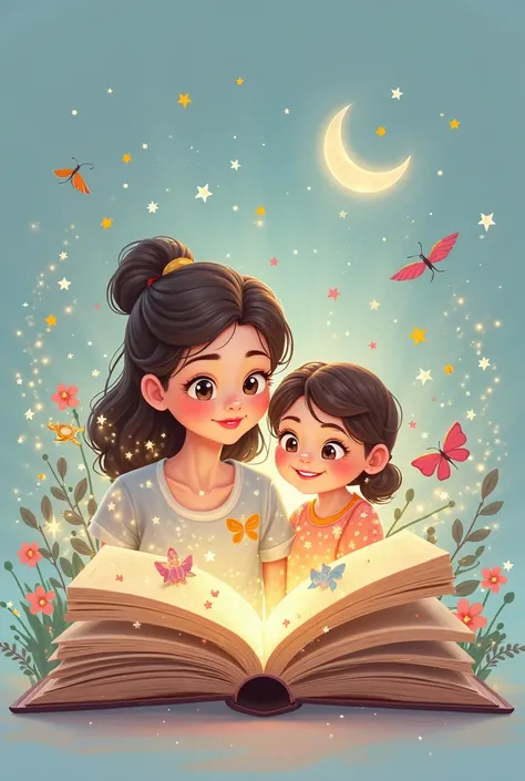 Create me a logo of an open book from which images of fairy tales and fantasy emerge and behind the book there is a mother with her  daughter (cartoon style for s)