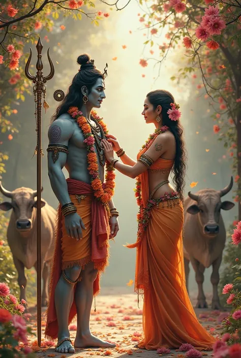 Bhagwan Shiv aur Mata Parvati ek dusre gali mein phoolon ki mala ger rahi hain piche Nandi khada hai Bhagwan Shiv ke hath mein trishul hai photo ekadam real hai