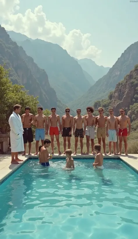 11 men against the mountains by the pool, some people have champagne in their hands. Relaxation atmosphere, men must be 3 men wearing a bathrobe, 7 men in shorts three of them should be in the pool. Everyone stands and looks like they're taking pictures 
