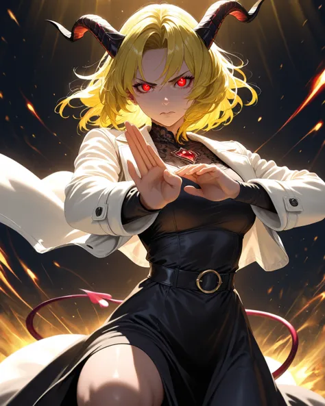 Long dark yellow hair, demon horn, white jacket, black dress, red eye, serious face, middle parted hair, medium breast size, Bust up, attack pose, demon hand on hand