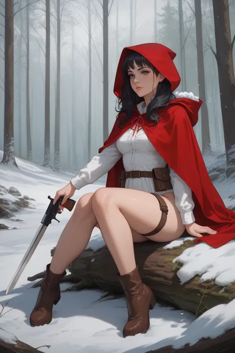 female, red riding hood, fully nude, wearing a gun holster, long black hair, in snowy woods, sat down and legs spread wide open, holding a silver sword