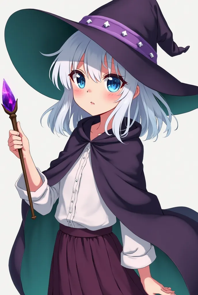 Anime girl with blue eye with white hair with dark purple witch hat and inside the witch hat is green and wear normal white shirt with dark purple cloak cover her back and her arm and wear dark purple skirt above knee with magic wood wand with purple cryst...