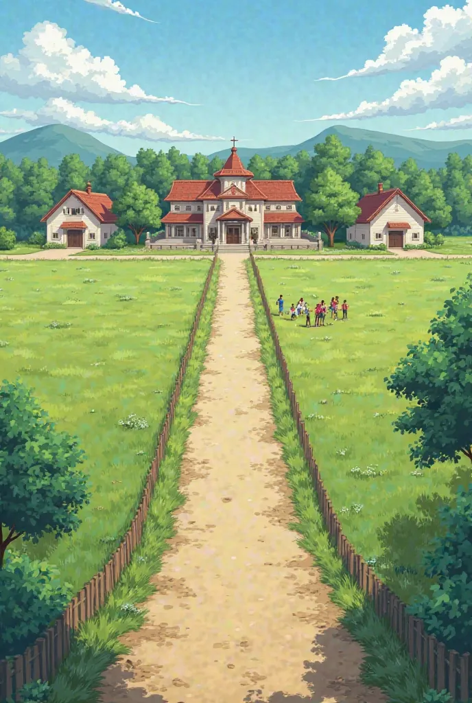 A small village with green fields, a straight path, and an open field in front of the school. ren are gathered in small groups, preparing for a school competition. The day is clear, with no clouds in the sky.