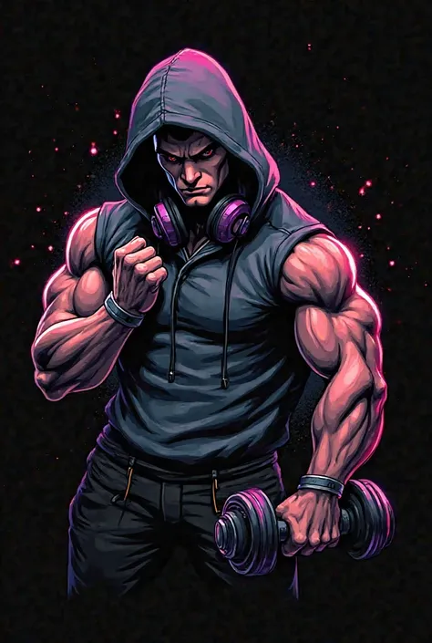 "A powerful, muscular character shown from the waist up, wearing a hoodie with the hood down and headphones around the neck. The character is gripping a dumbbell or flexing their arm, with a focused, determined expression. Neon glow highlights the muscles,...