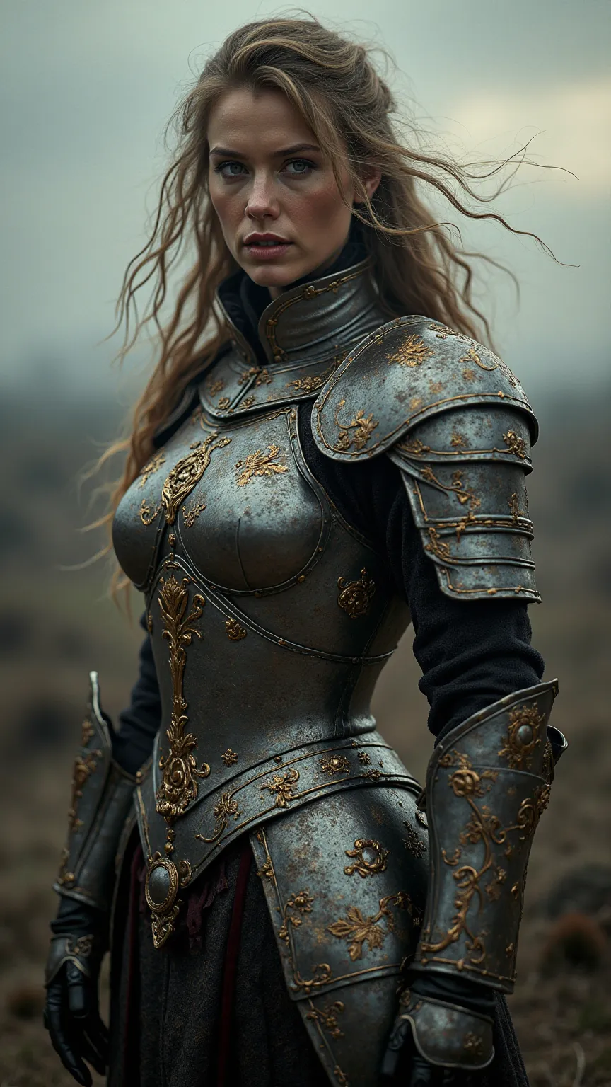 A hyper-realistic, cinematic portrait of a powerful busty female fantasy warrior clad in ornate, enchanted plate armor shimmering with hints of gold and silver. Her defined curves and determined gaze reveal a history of countless battles. With a battle-wor...