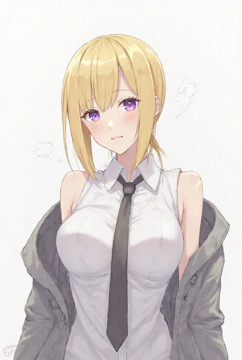 1girl absurdres arched_back arm_strap arm_up armpits ass blonde_hair breasts closed_mouth collared_shirt cowboy_shot evelyn_chevalier eyelashes grey_jacket highres impossible_clothes jacket jacket_on_shoulders large_breasts looking_at_viewer medium_breasts...