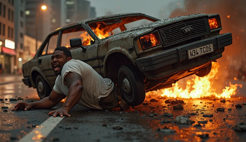 A realistic scene of a severe car accident. A burned and overturned car is in the middle of the road, with flames and smoke rising from the wreckage. A man with dark skin, wearing a white t-shirt, is crawling out from under the car, screaming in pain and d...