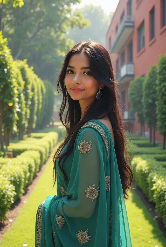 **"A beautiful young woman, wearing a mesmerizing teal-green saree adorned with delicate floral patterns, stands gracefully in a serene garden. Her long, dark hair cascades down her shoulders, slightly lifted by a gentle breeze. With a soft smile on her li...