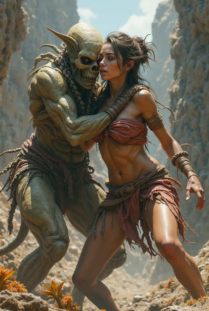 An old half-naked female warrior with saggy low-hanging breasts wearing only a tiny thong-like loincloth fighting a alien