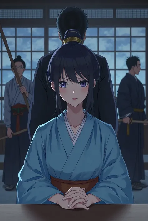 （fiction）a woman wearing a light blue kimono sitting at the magistrate's office、The woman's hairstyle is a round bow、a man wearing a black kimono on the back Two samurai warriors have long wooden sticks。
            night      