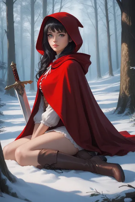 female, red riding hood, fully nude, long black hair, in snowy woods, sat down and legs spread wide open, holding a silver sword, wearing knee high boots,