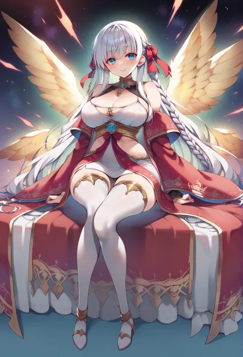  points  _9,  points  _8_go up   ,  points  _7_go up   , source   _anime,  1 girl, bangs, white hair,   blush   , red cloak ,dress,  frill,  detachable sleeve ,  wide sleeves ,  white skirt , bare shoulders,huge semi-open thiên thần wings that go up to the...