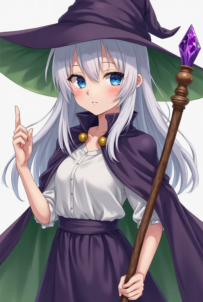 Anime girl with blue eye with white hair with dark purple witch hat and inside the witch hat is lime green and wear normal white shirt with dark purple cloak cover her back and her arm and wear dark purple skirt above knee with magic wood wand with purple ...