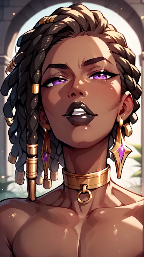 femboy dark skin small purple eyes red dreadlock hair black lips voluminous very thin.... gold collar around the neck gold earrings