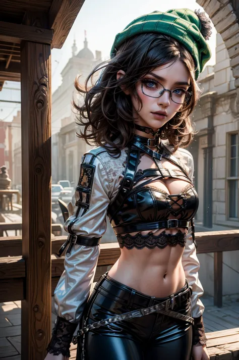 cowboy shot, lora_Emma, jinx, cute girl with short curly brown hair, green eyes, (skinny body), (slim figure), (narrow hips), (rock hard abs), (beanie), thick square black frame glasses, white silk top, ((pvc pants with lace decoration)), open jacket, mult...