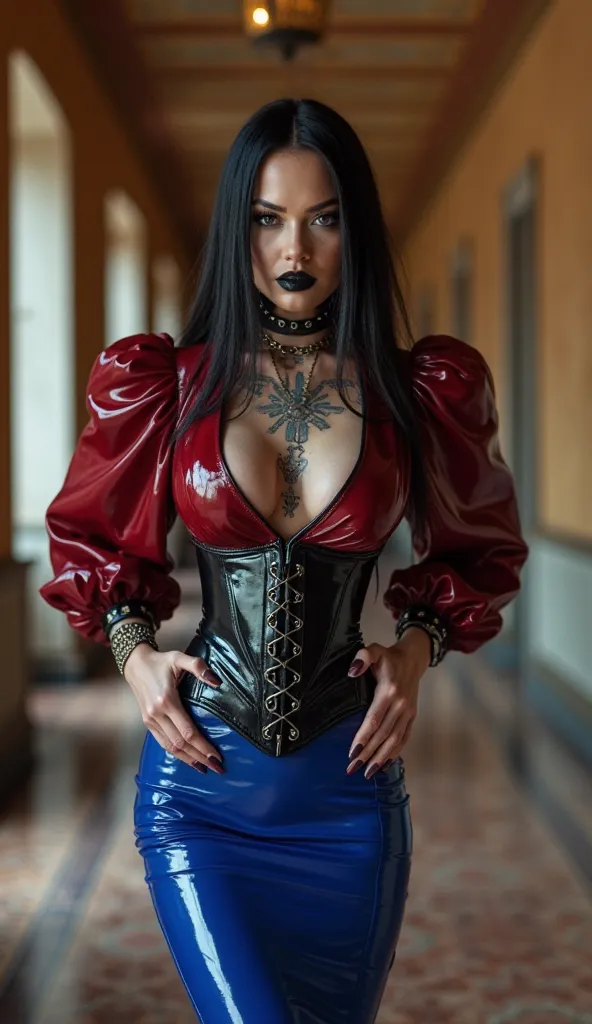 Angelina jolie dancing, latex, dominatrix, shinny, strict, latex dark red blouse, latex dark red puffy sleeves, royal blue latex pencil skirt high waist narrow, heavy black latex corset neck, heavy black latex corset, black vinyl over the knee high heel bo...