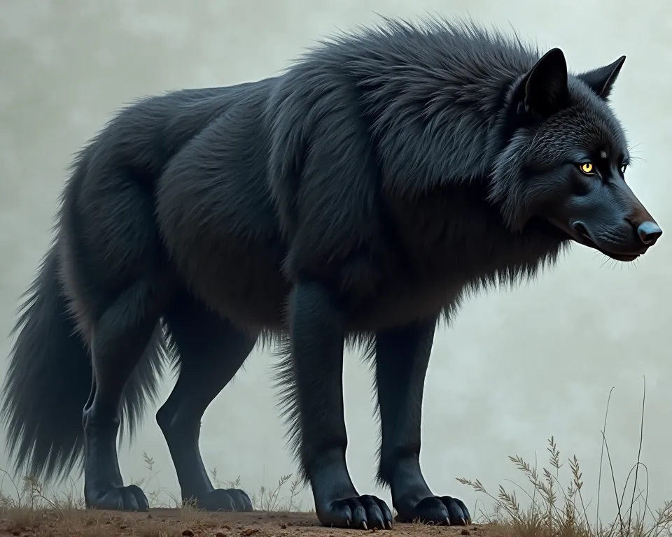 A big black wolf,  hair,  big hairy tail ,  Show your whole body , Right eye golden and left eye blue