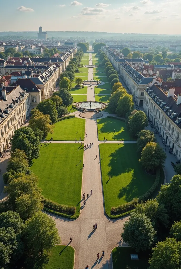 This image showcases a stunning aerial view of a large, circular  park surrounded by an urban landscape. The park is filled with nature , lush green fields by a long, straight pathway that runs through the center, intersected by a perpendicular walkway, fo...