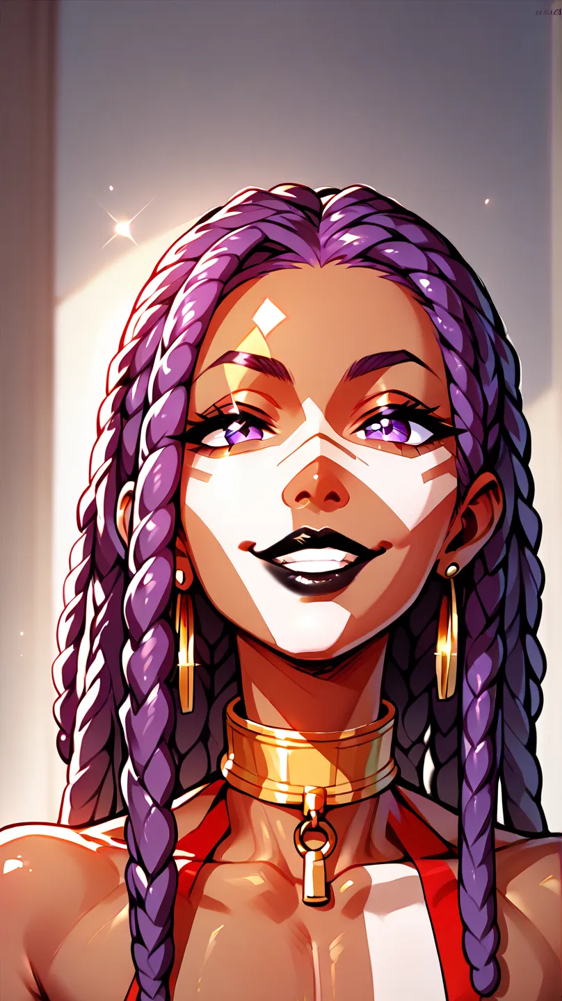 femboy dark skin small eyes purple hair ... red dreadlocks black lips voluminous smiling very thin .... gold collar on the neck gold earrings