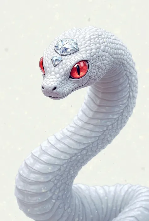 Draw a white snake with 3 white diamond jewels embedded in the head, the eyes are red, so draw the entire body