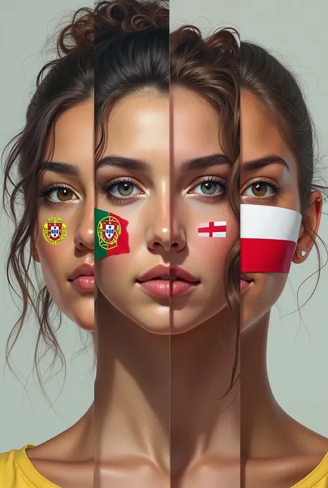 Ultra-realistc, comparation between Brazilian woman X Portuguese woman X hungrier woman X polish woman  with flags on it 