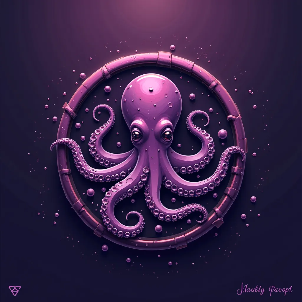 logo: octopus in a circle with an inscription: "Zooma", purple tones, selling style,  rich colors 