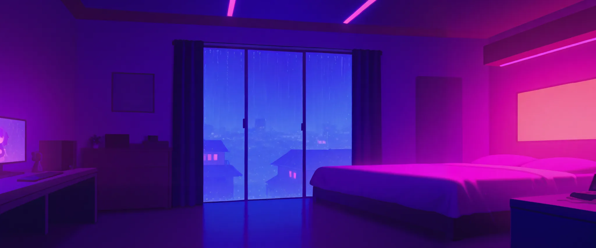 ((beautiful bedroom, )),Lofi Night City with Coffee ,Rain ,Purple tone , gaming room ,anime style