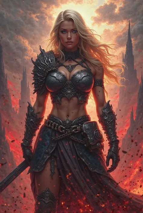 Female warrior dabass blonde diablo s blue eyes with hell background 