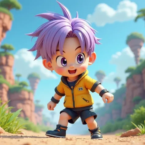  Trunks トランクス, Dragon Ball characters, 3-5year old, the background is related to Dragon Ball, wearing iconic outfits in Dragon Ball , 3D animation pic