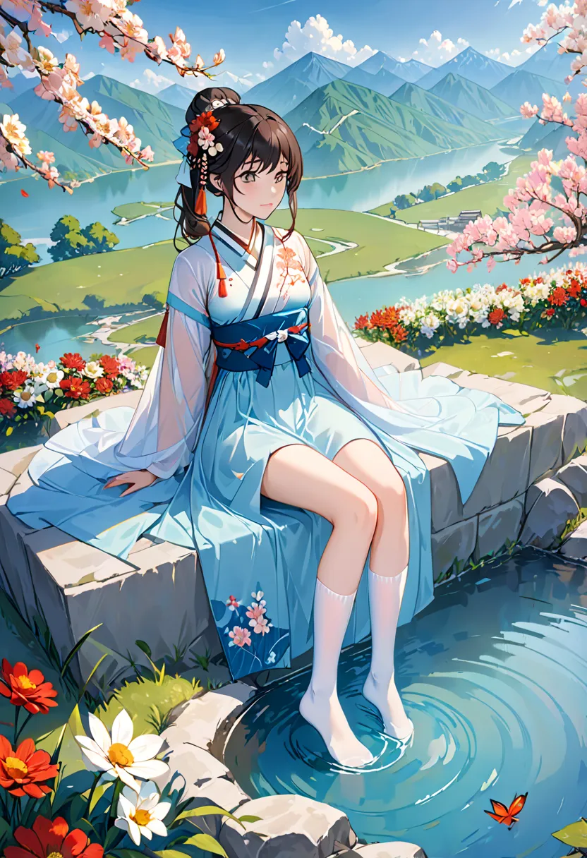 Hanfu, 1 girl, medium breasts, Chest, Mountain, soaking feet,  sitting,   Chinese park background ,white thigh high socks,Clear water,(feet:1.3), Too many flowers,  