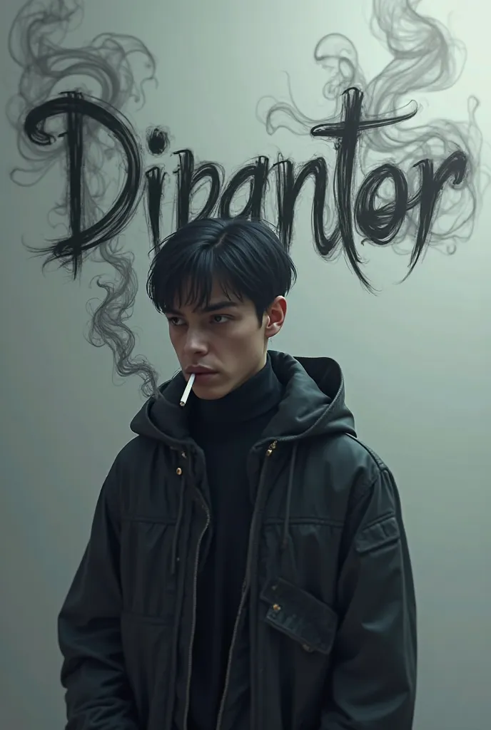 Create a 3D image of a teenager wearing a back jacket that “Dipantor” smoking with ciggerate smoke artificially forming a Name

Smoke Wing With Name