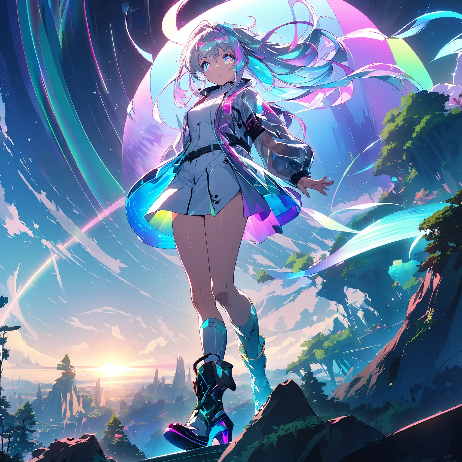 An adventurous anime woman with a completely original look. She has translucent hair with Northern Lights effects, iridescent eyes with pupils in the shape of shooting stars. Her clothes mix technology and nature: , a holographic jacket that changes color ...