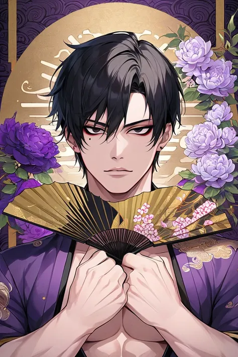 Man, short hair, rosy skin, black hair, black eyes, muscular, wearing a purple traditional Thai outfit, holding a fan in the middle of his chest, thick lines drawn, semi-realistic, handsome, slender facial structure, sharp face, deep eye sockets, charming,...